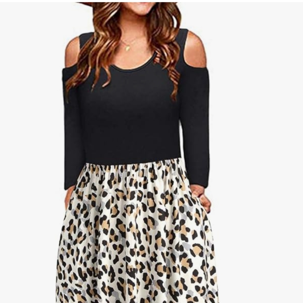 Chic Cold Shoulder Dress - Black and Leopard Print